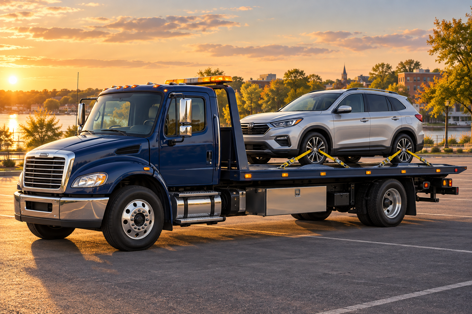 Vehicle secured for flatbed transport